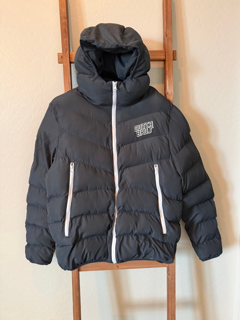 Dutch Bros Puffer Jacket Black Medium Oversized Hooded Full Zip